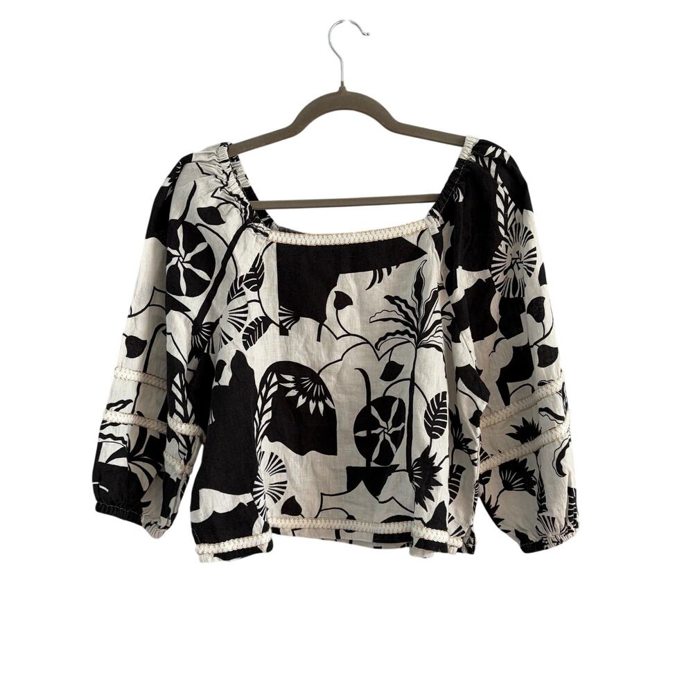 Nicole Miller Linen Black White Floral Boho Crop Linen Top Women's Size Medium